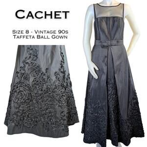 VTG Cachet Sleeveless Taffeta Black Illusion Ball Gown 8 Belted Sequin Rosettes